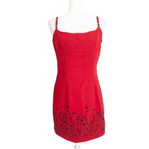 Vintage Y2K City Triangles Red Spaghetti Strap Floral Embroidered Mini Dress Siz